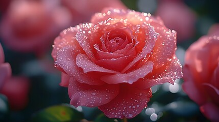 Rose blossoms in the rain: drops on delicate petals A close-up of freshly rain-drenched roses, with the water droplets sparkling on the shiny petals.
