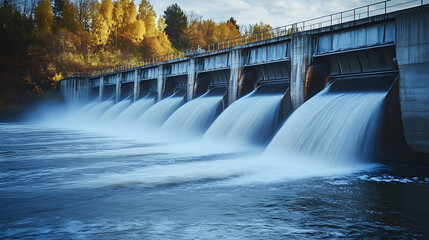 A long-exposure or time-lapse shot showing the smooth, blurred motion of water flowing from the dam, creating a sense of movement and time