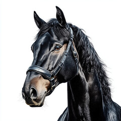 Obraz premium A black-brown horse with a thick mane in a bridle, portrait on a white background