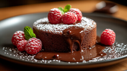 Chocolate lava cake with raspberries and powdered sugar on dark plate