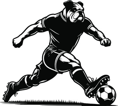 A powerful bulldog in a soccer uniform, charging with a ball. Perfect for sports-themed designs, team branding, or athletic promotional materials. - Powered by Adobe