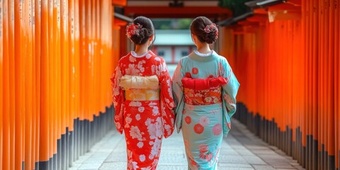 women wearing traditional japanese kimono walking in Kyoto city in Japan. ai generated