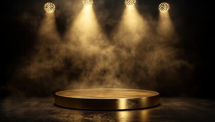 Illuminated gold podium with smoke effects for a prestigious award ceremony