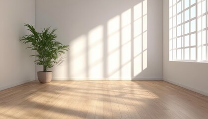 Obraz premium A bright, empty white room with wooden floors and a single potted plant