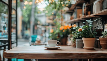 Fototapeta premium Cozy coffee shop table with plants and soft bokeh in a warm afternoon setting