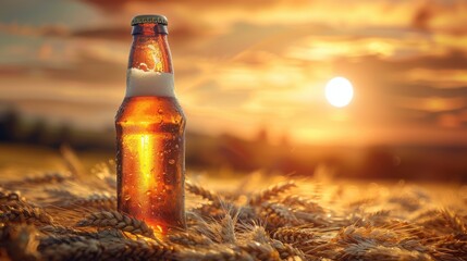 A frothy beer bottle stands in the golden light of a wheat field during sunset, capturing the refreshing essence of craft beer and agriculture.

