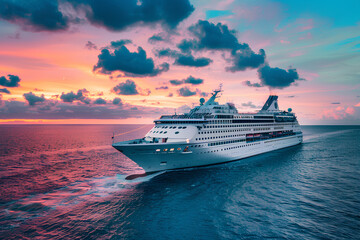 luxury cruise ship sailing on the sea at sunset, with colorful clouds in the sky and blue water. creating an atmosphere of high-end travel for passengers to enjoy a luxurious vacation experience