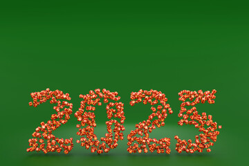 Christmas, New Year's  2025, 3D figures are made from gift boxes. Red gift with a gold bow on green background. Copy space, place for text and design. Xmas festive card, template, mockup.