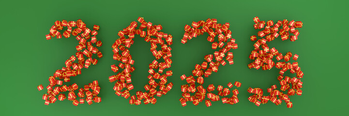 Christmas, New Year's banner 2025, 3D figures are made from gift boxes. Red gift with a gold bow on green background. Copy space, place for text and design. Xmas festive card, template, mockup.	
