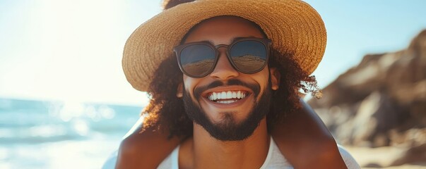 Couple enjoys a piggyback ride at the beach in summer, Generative AI