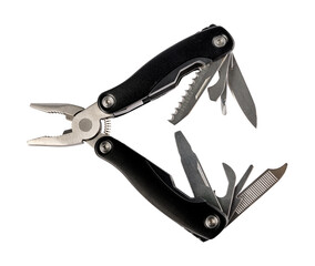 Steel multitool isolated on white background. Opened multitool with pliers, file, blade,...