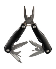 Steel multitool isolated on white background. Opened multitool with pliers, file, blade, screwdriver, bottle opener and saw, with a white background. Multi tool with expanded tools and pliers