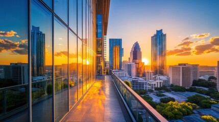 Discover a surreal city scene where glass structures reflect the enchanting golden sunset, blending modern architecture with the beauty of nature's light.