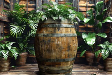 Naklejka premium A rustic wooden barrel filled with lush green plants is displayed in an outdoor setting, blending nature and traditional brewing elements into a charming and refreshing scene.