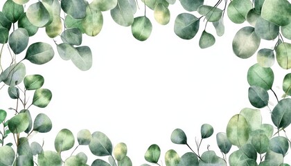 Eucalyptus twig watercolor border frame on a transparent background