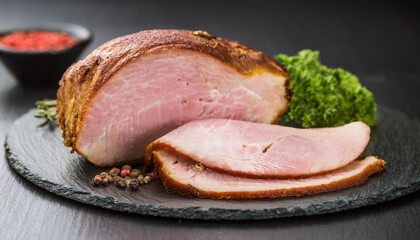 Sliced baked ham on slate plate. Tasty food. Delicious meat.