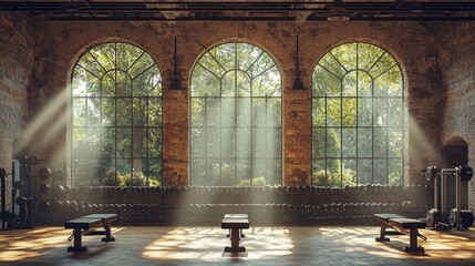 Sunlight streams through dusty windows illuminating a vintage gym filled with large iron weights and adjustable wooden benches. A sense of nostalgia and strength permeates the air.