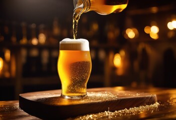 craft beer pouring vigorously into chilled showcasing golden hues foamy texture overflowing rustic chopping board, amber, ale, artisan, bar, bubbles, crisp