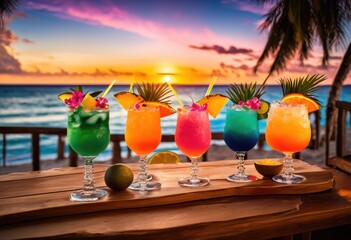 vibrant iced cocktails featuring colorful fruit garnishes refreshing drink presentation, beverage, smoothie, lemon, lime, orange, strawberry, kiwi, mint