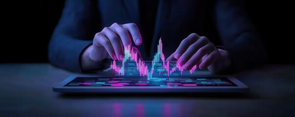 A person interacts with a digital tablet displaying vibrant financial graphs and stock market data in a dark setting.