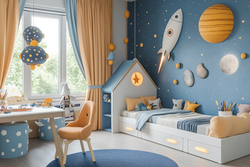 Colorful kid room space theme with wall rocket planet space adventure and journey. Child bedroom