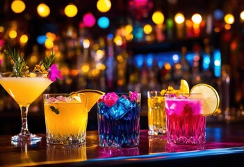 vibrant close artistic mixed drinks showcasing unique glassware filled colorful craft cocktails perfect celebrations, artisanal, recipe, handcrafted, beverage