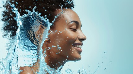 Close up of black woman face enjoying refreshing splash of water, highlighting clear skin and hydration, symbolizing purity and rejuvenation after cosmetic procedure