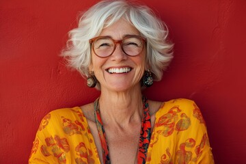 Cheerful senior woman laughing happily against a red wall, Generative AI