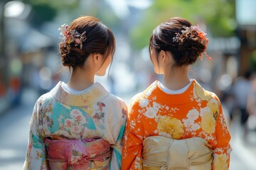 Fototapeta premium women wearing traditional japanese kimono walking in Kyoto city in Japan. ai generated