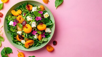 A vibrant salad with dried apricots, feta, and fresh greens, isolated on a soft pastel pink background with artistic geometric patterns