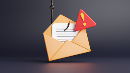 Cyber crime, phishing, stealing personal data. Cyber fraud and online scam, envelope with hook icon of criminal hacker. Hacker attacking computer, hacking email, web security. 3d render illustration