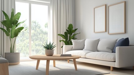 A bright living room with neutral-toned textiles, wooden furniture, and potted plants, bathed in natural light from large windows.
