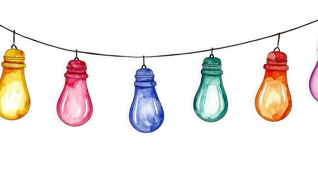 Colorful watercolor string lights hang against a white background, creating a vibrant and cheerful atmosphere
