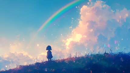 Fototapeta premium A young girl stands on a grassy hill, looking up at a rainbow in the sky.