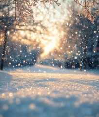 Gentle snowfall blankets a serene winter landscape at sunset in a peaceful neighborhood setting