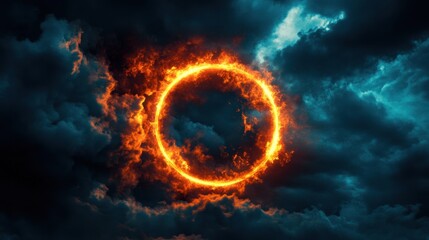 Fototapeta premium Experience the beauty of a luminous ring of fire set against a deep blue sky filled with dark clouds, evoking a sense of magic and mystery in this digital illustration.