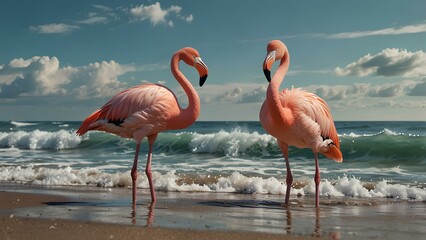 Photorealistic Flamingos Standing by the Ocean at Sunset &ndash; Pastel Colors and Exotic Nature