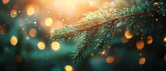 Fototapeta premium Emerald needles of a fir tree branch closeup, illuminated by soft bokeh lights in the background, evoking a warm Christmas ambiance