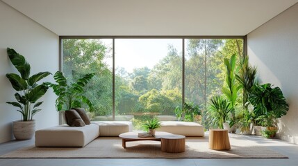Minimalist living room with chic furniture, indoor plants, and a large window with a stunning view of nature, perfect for design inspiration
