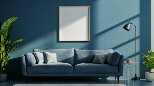 A blue sofa sits in a modern living room with large windows and a simple floor lamp