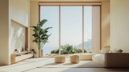 Modern minimalist living room with clean, elegant furniture, vibrant indoor plants, and a large window framing a scenic view, perfect for home decor