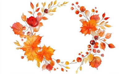 Autumn watercolor frame with leaves and berries in warm colors on white background