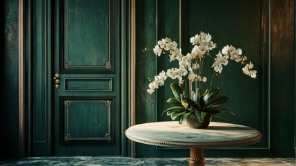 A refined room setting with emerald orchids displayed on a marble table, classic doors, and deep green walls.