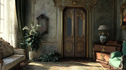 Elegant parlor with emerald orchids, gold-trimmed wall decor, and an antique wooden door slightly ajar.
