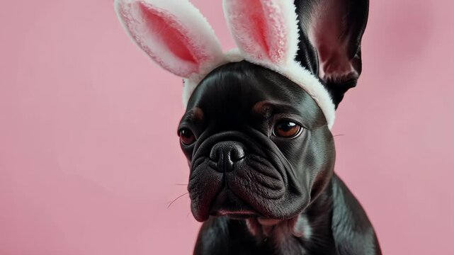 A black French bulldog wears bunny ears against a pink background