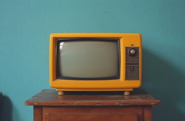 Retro yellow television set on a wooden table against a blue wall in a cozy indoor space