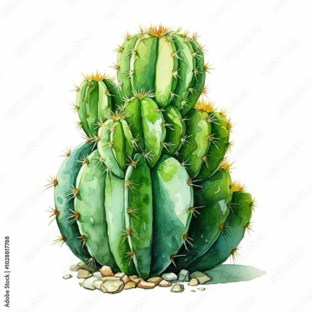 Sticker Lush Green Cactus with Spines and Rocks