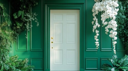 Emerald orchids cascading gracefully, with green walls and a classic white door creating a harmonious look