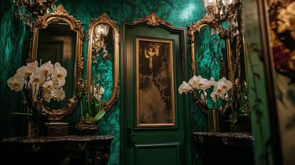 Fototapeta premium Emerald orchids framed by gold mirrors, with a vintage-style door and green wall decor creating a royal ambiance