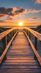 Obraz premium A wooden boardwalk leading to the beach, sunset, yellow and orange tones, golden hour